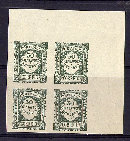 Porteado - 1922 - nº 40. Provas não denteadas do selo de 50c, EM QUADRA. Sem goma. Em boas condições.