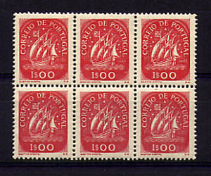 1943 - Afinsa nº 624. Caravela. Selo de 1$00 EM BLOCO DE SEIS. Novos SEM CHARNEIRA (* *) com goma original. Em boas condições.