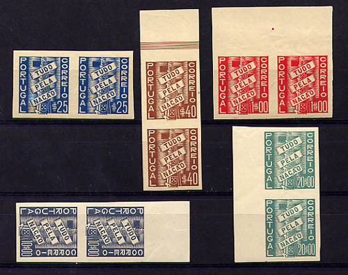 1935-1941 - Tudo pela Nação. PROVAS NÃO DENTEADAS, série completa, EM PARES SEM CHARNEIRA (**). Afinsa nº 570/574.