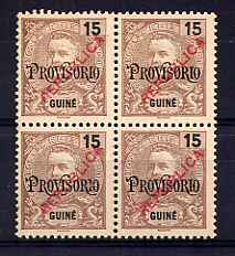 1913 - Afinsa nº 141. D. Carlos I com sobrecarga local REPUBLICA. Selos de 15 reis EM QUADRA. Selos novos sem goma como emitidos. Em boas condições.