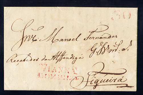 Viana do Minho - Carta de 1832 de Viana do Minho para a Figueira. VCT5. Marca a vermelho.