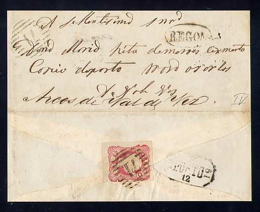 1861 - Capa de carta da Régua para Arcos de Valdevez. Com selo de D. Pedro V cabelos anelados 25 reis. Afinsa nº 13.