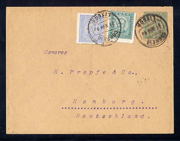 1894 - Inteiro Postal com Adicionais circulado de Lisboa para Hamburgo, Alemanha. D. Carlos I, 25 reis, com selos adicionais de 25 reis (11 1/2) e 50 reis (11 1/2). Afinsa n. 70 e 71.