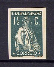 1917 - Afinsa nº 222. Ceres, novas taxas e cores. Prova não denteada de 1 e 1/2c. Com goma e charneira. Em boas condições.