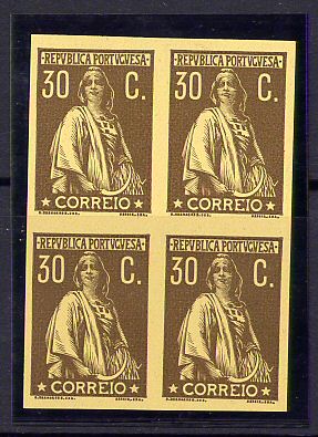 1917 - Afinsa nº 234. Ceres. Provas não denteadas de 30c EM QUADRA. Sem goma. Em boas condições.