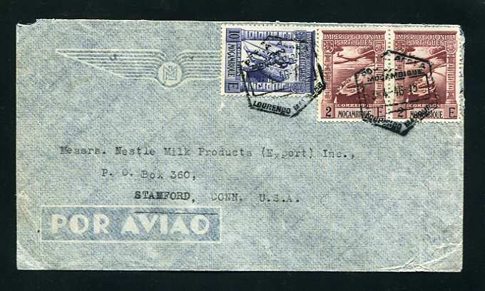 1946 - Carta de Moçambique para os EUA. Selos de 2E (2) e 10E. Em boas condições.
