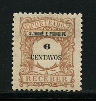 1921 - Porteado nº 47. Selo de 6c novo com charneira (*) e goma original. S.THOME em vez de S.TOME. Em boas condições.
