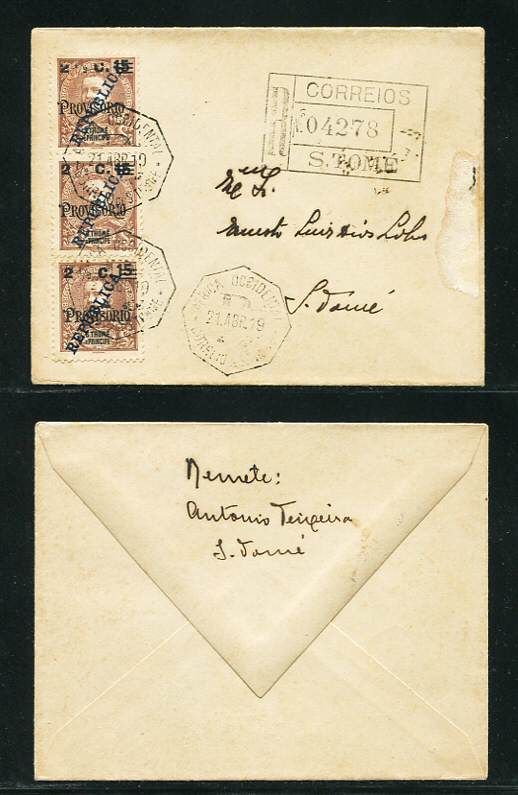1919 - Carta Registada de São Tomé. Correio Interno. Em boas condições.