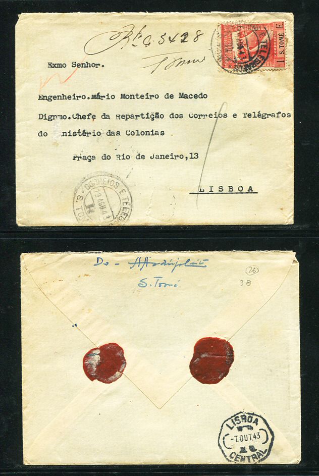 1943 - Carta de São Tomé para Portugal. Com carimbo de chegada no verso. Em boas condições.