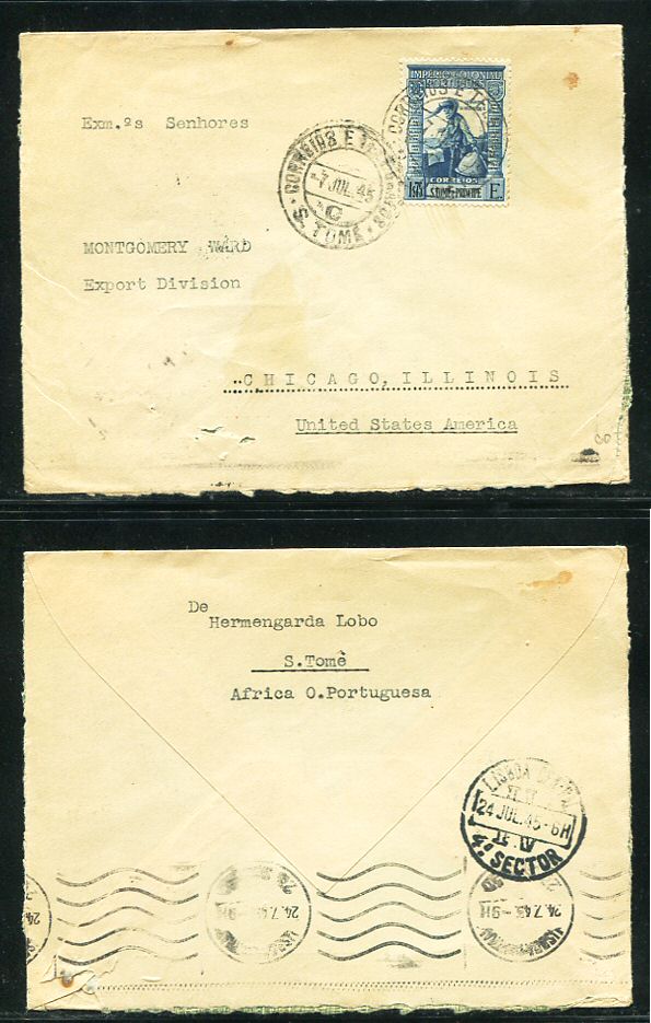 1945 - Carta de São Tomé para Chicago, EUA. Com passagem por Lisboa e carimbo de chegada no verso. Em boas condições.