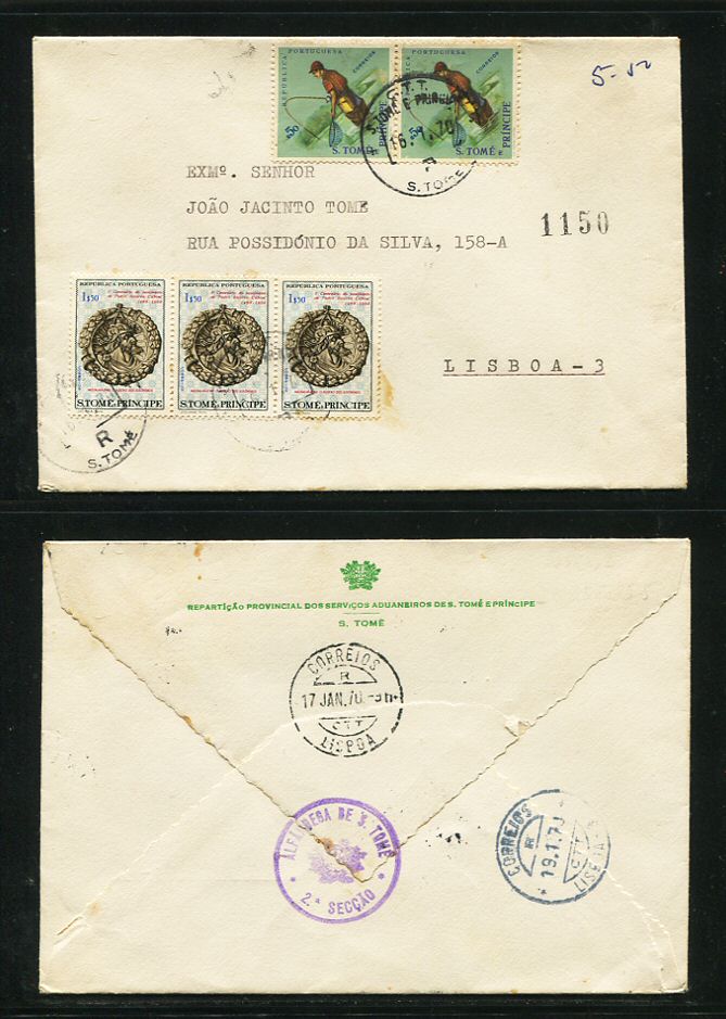 1970 - Carta Registada de São Tomé para Portugal. Com carimbo de chegada. Em boas condições.