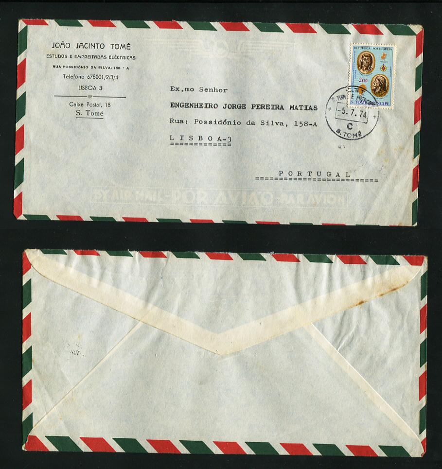 1974 - Carta de São Tomé para Portugal. Em boas condições.