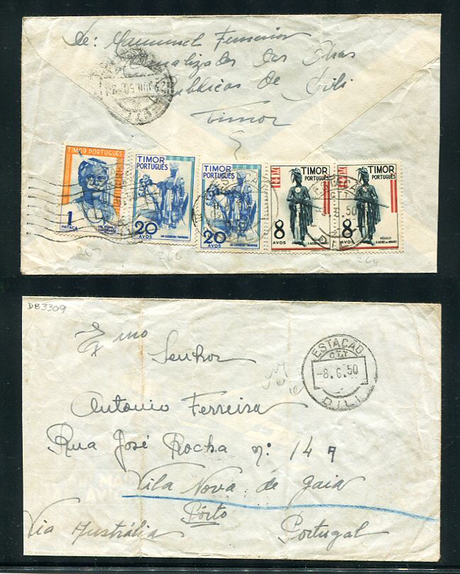 1950 - Carta de Timor para Portugal. Com selos e carimbo de chegada no verso. Em boas condições.