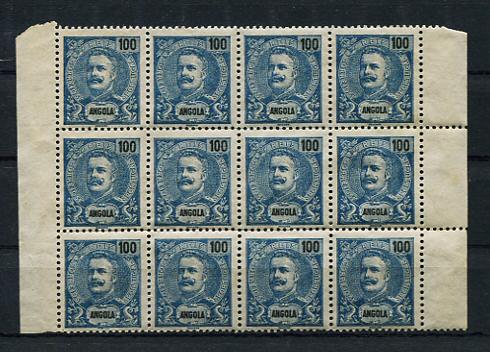 1898 - Afinsa nº 47. D. Carlos I. Selos de 100r novos sem charneira (**) e com goma original. EM BLOCO 12. Goma irregular mas em boas condições. (ver imagem do verso)