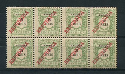1911 - Porteado. Afinsa nº 11. Com sobrecarga REPUBLICA. Selos de 5r EM BLOCO DE 8. Novos sem charneira (**) e com goma original. Ligeiros pontos de ferrugem mas em boas condições.