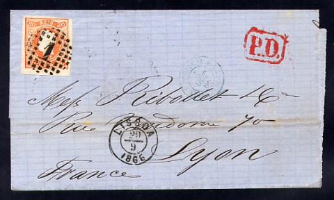 1866 - Capa de carta de Portugal para França, com selo de D. Luis I, fita curva 80 reis. Afinsa nº 24.