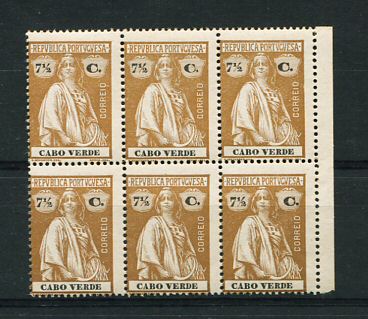 1914 - Afinsa nº 144. Ceres. Selos de 7 1/2c EM BLOCO DE 6. Novos SEM CHARNEIRA (**) e com goma original. Papel porcelana. Ligeiramente amarelado no verso e ligeiro vinco. (ver imagem do verso)