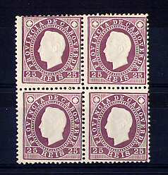 1886 - Afinsa nº 18. D. Luis I. Selos de 25 reis EM QUADRA. Novos sem charneira (**) e com goma original. VIOLETA CASTANHO. Em boas condições.