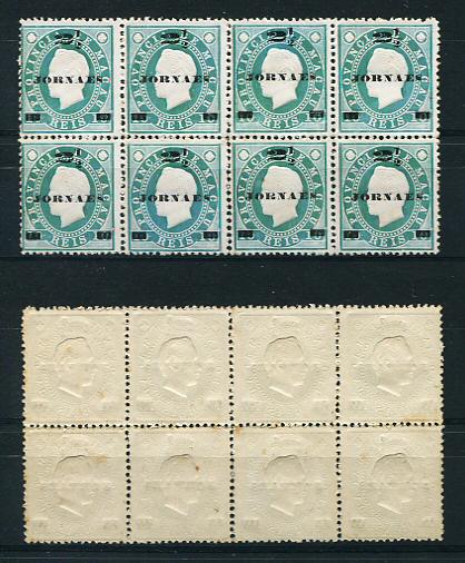 1892 - Afinsa nº 42. D. Luis I com sobretaxa. Selos de 2 1/2r/10r EM BLOCO DE 8. Novos sem goma como emitidos. Denteado 12 1/2. Alguns pontos de ferrugem no verso.