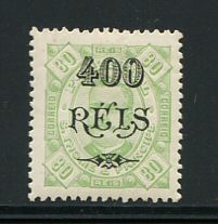 1902 - Afinsa nº 82. D. Carlos com sobretaxa. Selo de 400r/80r novo com charneira (*) e goma original. Em boas condições.