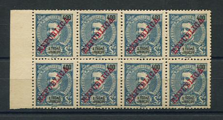 1911 - Afinsa nº 108. D. Carlos I com sobrecarga REPUBLICA. Selos de 400r EM BLOCO DE 8. Novos sem goma. Em boas condições.