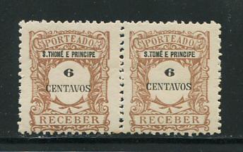 1921 - Porteado nº 47. Selos de 6c novos com charneira (*) e goma original, EM PAR. Selo do lado esquerdo com S.THOME em vez de S.TOME. Em boas condições.