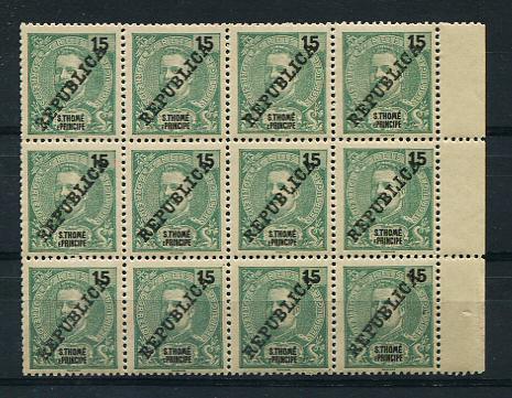 1913 - Afinsa nº 168. D. Carlos I com sobrecarga LOCAL Républica. Selos de 15r EM BLOCO DE 12. Novos sem goma como emitidos. Em boas condições.