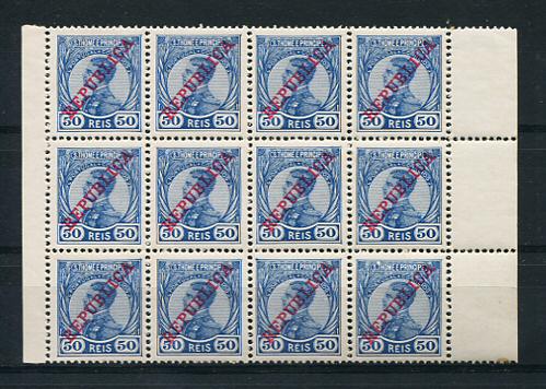 1912 - Afinsa nº 116. D. Manuel II com sobrecarga Republica. Selos de 50r EM BLOCO de 12. Novos sem charneira (**) e com goma original. Em boas condições.