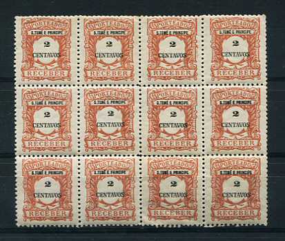 1921 - Porteado. Afinsa nº 44. Selos de 2c EM BLOCO DE 12. Novos sem charneira (**) e com goma original. Há um selo com ligeiros vincos mas em boas condições no geral.