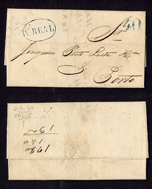 Vila Real - Carta de 1840 de Vila Real para o Porto. VRL5. Marca a azul.