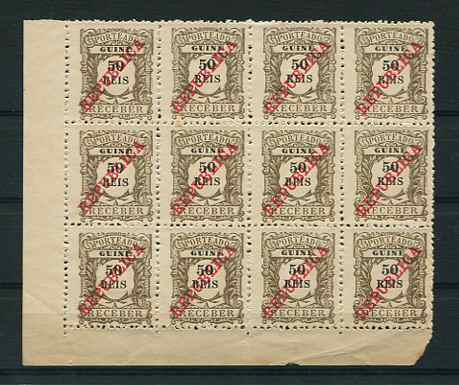 1911 - Porteado. Afinsa nº 15. Emissão regular com sobrecarga REPUBLICA. Selos de 50r novos sem goma como emitidos, EM BLOCO DE 12. Em boas condições.