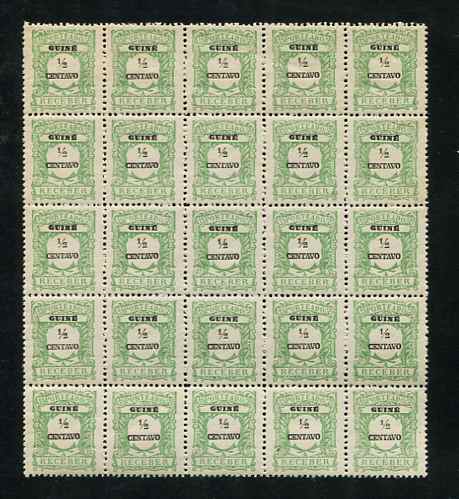 1921 - Porteado. Afinsa nº 29. Emissão regular. Selos de 1/2c novos sem charneira (**) e com goma original. EM BLOCO DE 25. Papel pontinhado. Em boas condições.