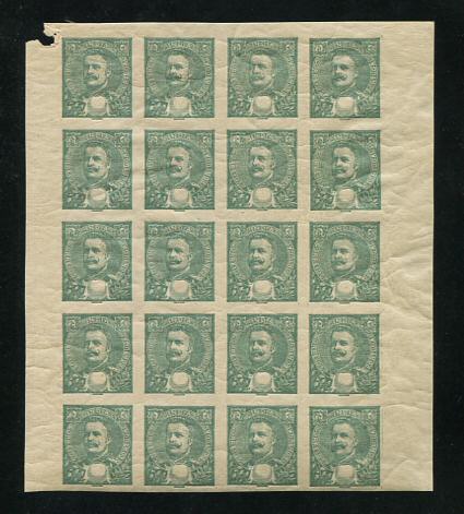1903 - Afinsa nº 190. D. Carlos I, novas cores e valores. PROVAS NÃO DENTEADAS SEM TAXA, EM BLOCO DE 20. Com goma original. Em boas condições.