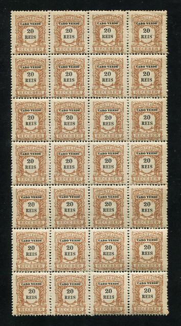 1904 - Porteado. Afinsa nº 3. Emissão regular. Selos de 20r EM BLOCO DE 28. Novos sem charneira (**) e com goma original. Em boas condições.