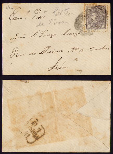 1881 - Carta para Lisboa. Selo de D. Luis I, de perfil, 25 reis. Afinsa n. 54 dent. 12 1/2.