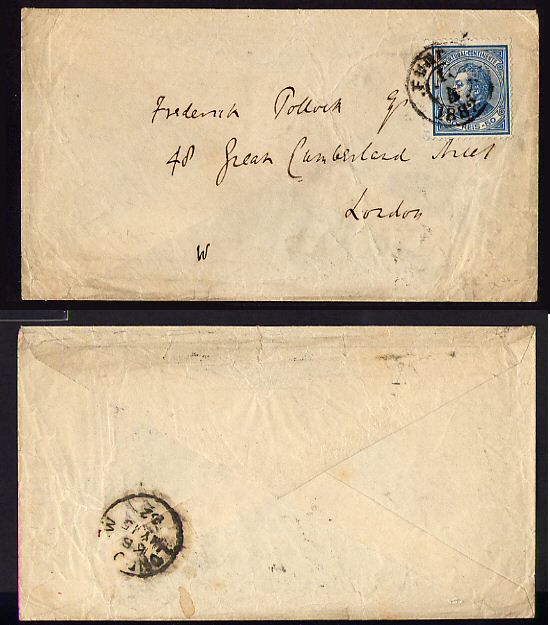 1882 - Carta do Funchal para Londres. Selo de D. Luis I, de perfil, 50 reis. Afinsa n. 55 dent. 12 1/2.