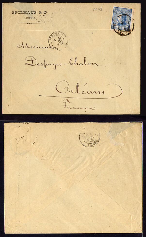 1882 - Carta de Lisboa para Orleães, França. Selo de D. Luis I, de perfil, 50 reis. Afinsa n. 55 dent. 12 1/2.