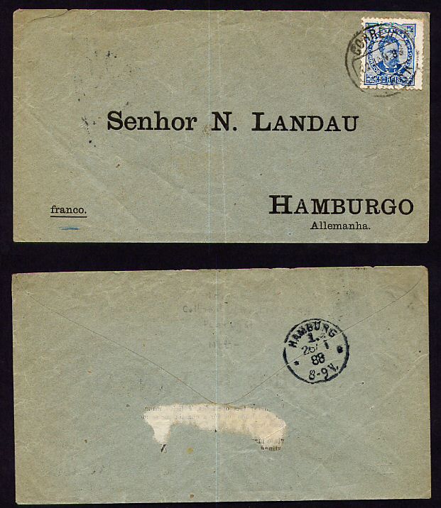 1888 - Carta de Lisboa para Hamburgo, Alemanha. Selo D. Luis I, de frente, 50 reis. Afinsa n. 58. Dent. 11 1/2.