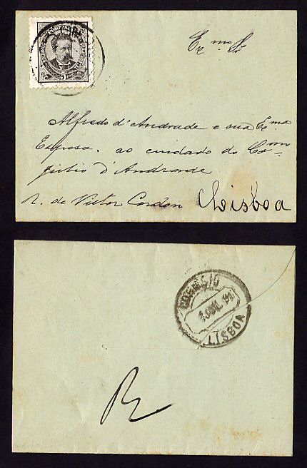 1891 - Carta para Lisboa (convite de casamento). Selo D. Luis I, de frente, 5 reis. Dent. 11 1/2. Afinsa n. 60.