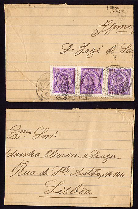 1888? - Carta para Lisboa. Com TIRA de 3 selos D. Luis I, de frente, 25 reis. Afinsa n. 63.