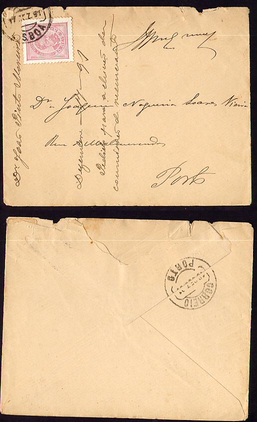 1891 - Carta de Lisboa para o Porto. Com selo D. Luis I, de frente, 25 reis. Afinsa n. 63.