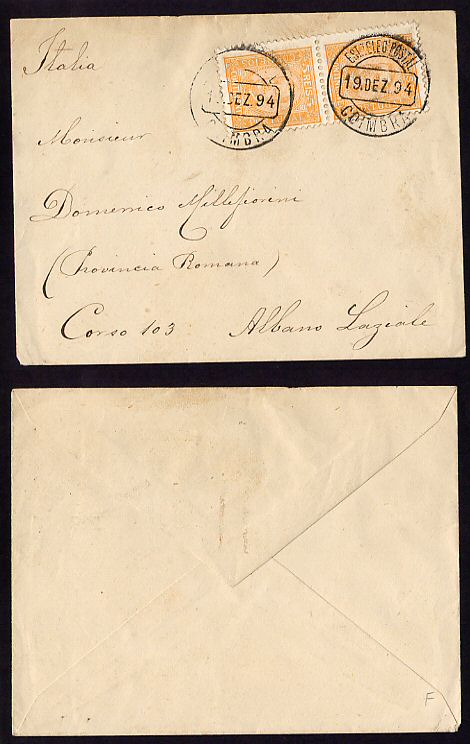 1894 - Carta de Coimbra para Italia. Com PAR de selos D. Carlos I, 5 reis. Afinsa n. 68.