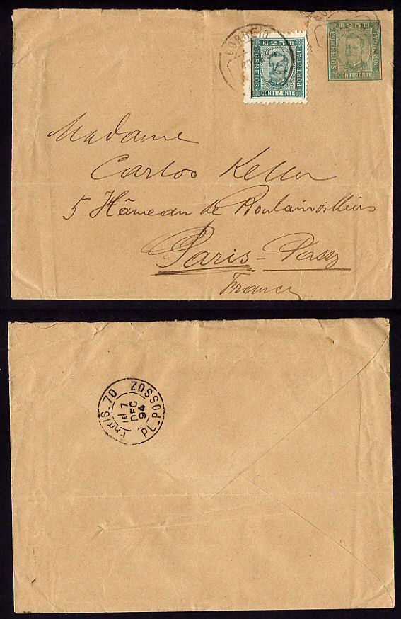 1894 - Inteiro Postal com selo adicional. Carta de Lisboa para Paris. D. Carlos I, 25 reis e selo D. Carlos I, 25 reis. Afinsa n. 70.