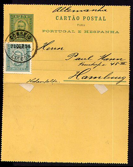 1894 - Cartão Inteiro Postal usado com Adicional de Lisboa para Hamburgo, Alemanha. D. Carlos I, 25 reis, Afinsa n. 70 dent. 11 1/2.