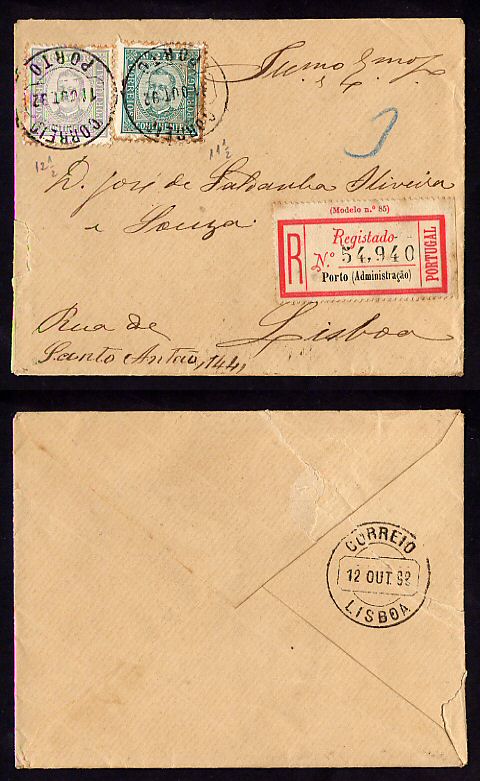 1892 - Carta Registada do Porto para Lisboa. Com selos D. Carlos I, 50 reis (12 1/2) e 25 reis (11 1/2). Afinsa n. 71 e 70.