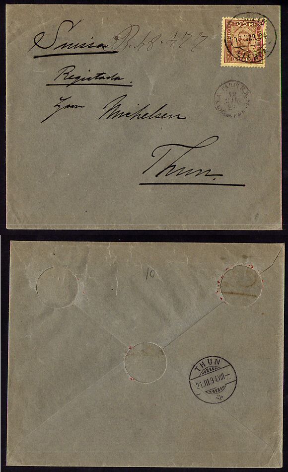 1894 - Carta de Lisboa para Thun, Suiça. Selo D. Carlos I de 100r (dent. 12 1/2). Afinsa n. 73.
