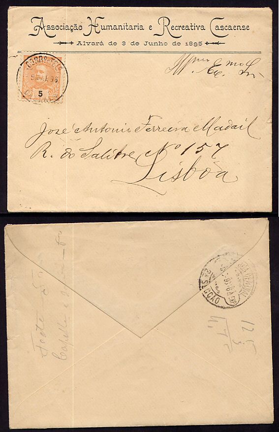 1896 - Carta de Cascais para Lisboa. Com selo D. Carlos I, 5 reis. Afinsa n. 127.