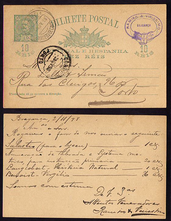 1898 - Inteiro Postal circulado de Macedo de Cavaleiros para o Porto. D. Carlos I, 10 reis. OM 23.