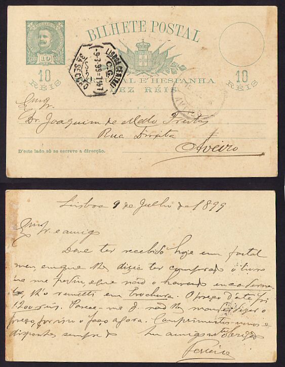 1899 - Inteiro Postal circulado de Lisboa para Aveiro. D. Carlos I, 10 reis. OM 23.