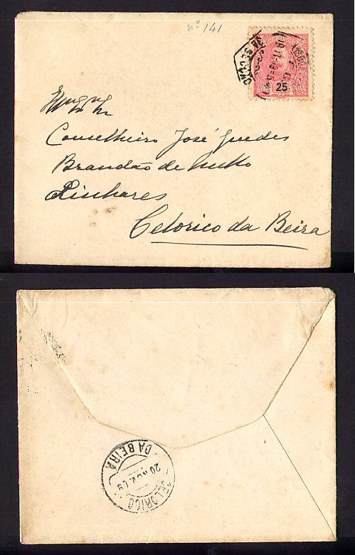1909 - Carta de Lisboa para Celorico da Beira. Com selo D. Carlos I de 25 reis. Afinsa n.º 141.